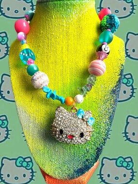 Kitty Inspired Multicolor Beaded Necklace with Rhinestone Pendant